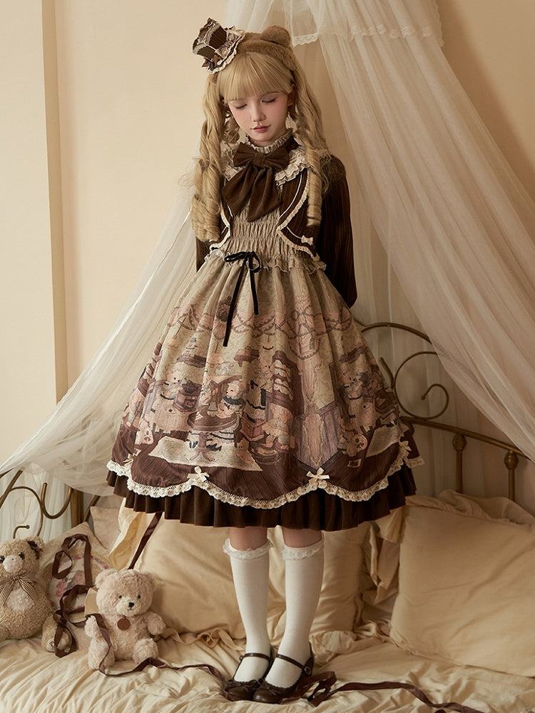 Print Lolita Two Teddy House Pieces Dress Coffee Design Long Green Sleeves Fake