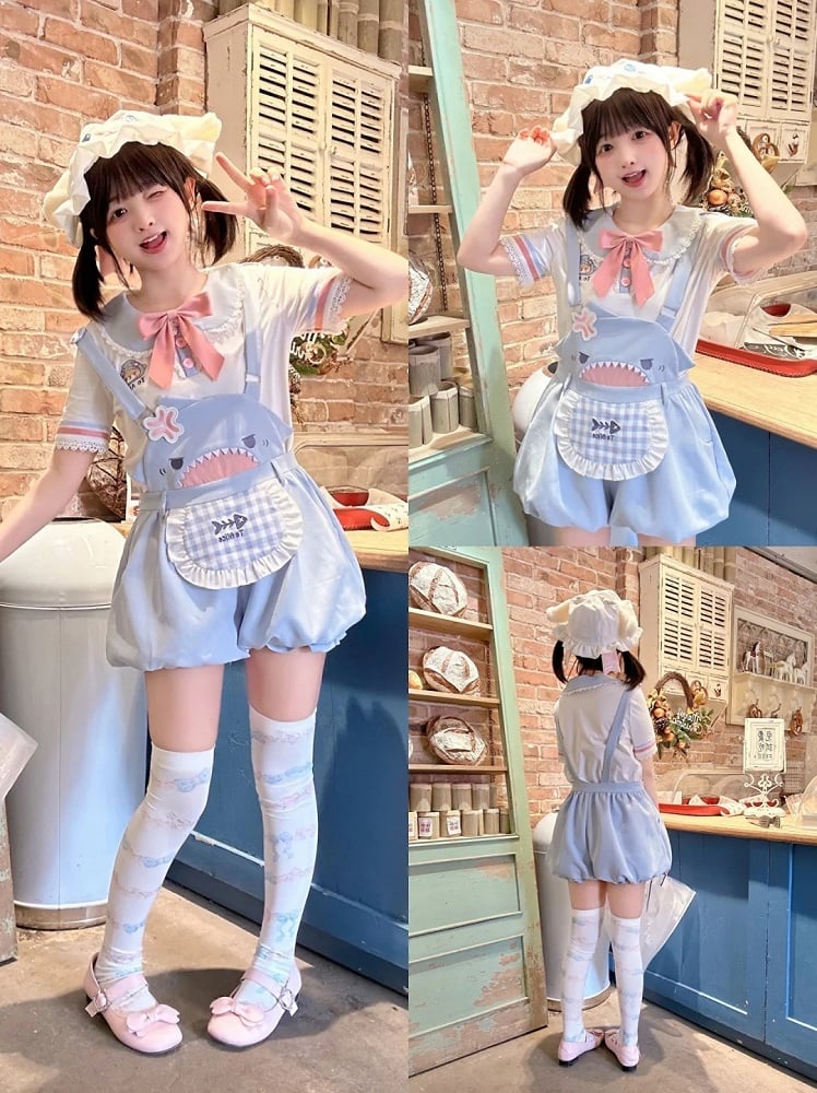 Shorts Bubble Shark Light Blue Apron Design Overalls