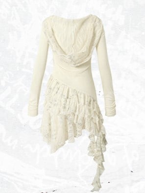 Print Hood Lace Cross Hem Tiered Punk with Asymmetric Apricot Dress