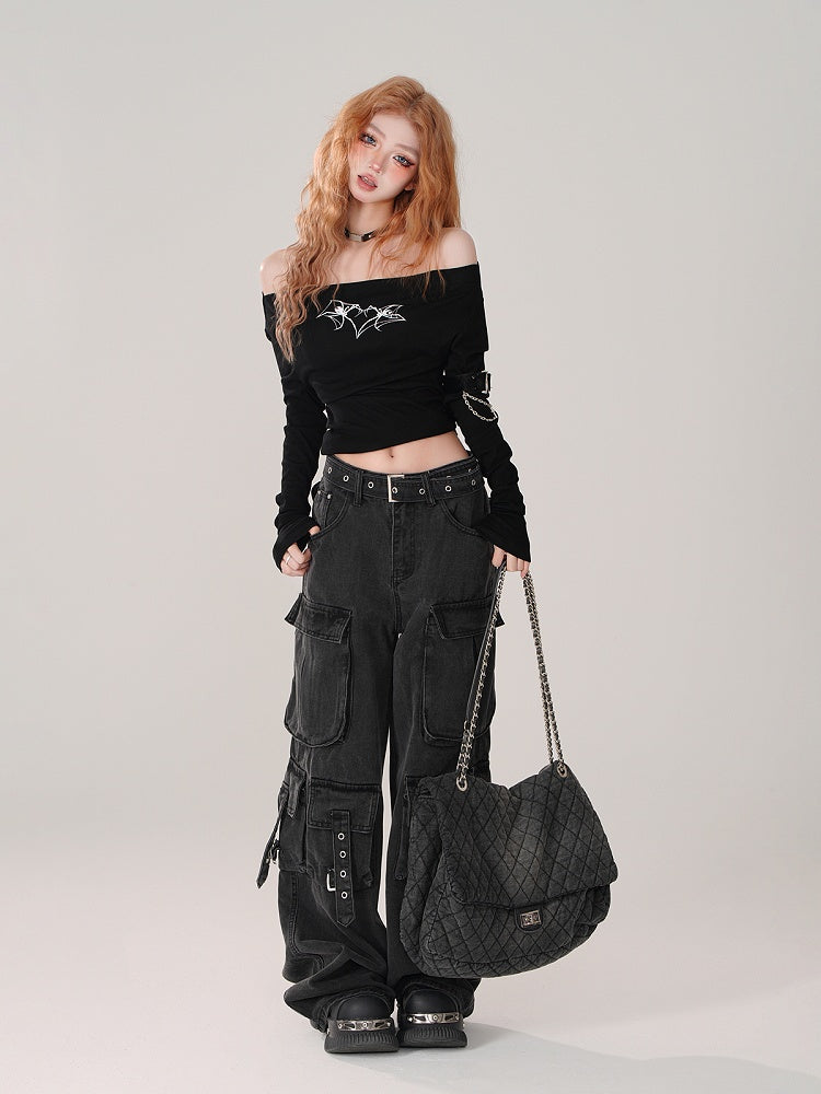 Straps Eyelet Low-Waist Wide-Leg Cargo Jeans Dangling Details with Black