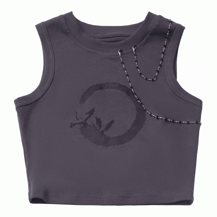 Dark Gray Crane Print Cropped Detachable Tank Top Chains with Beaded