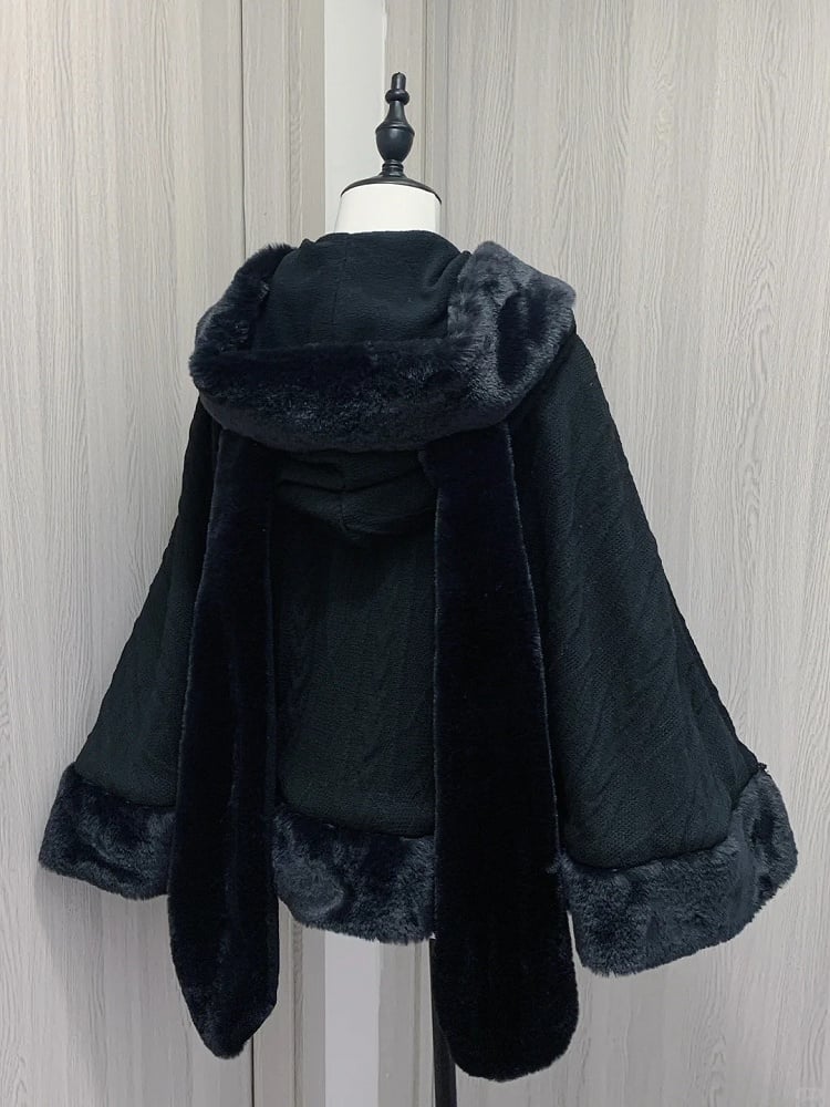 Design Detachable Plush Cape Bowknots Hood Jirai Kei Black Bunny Ears