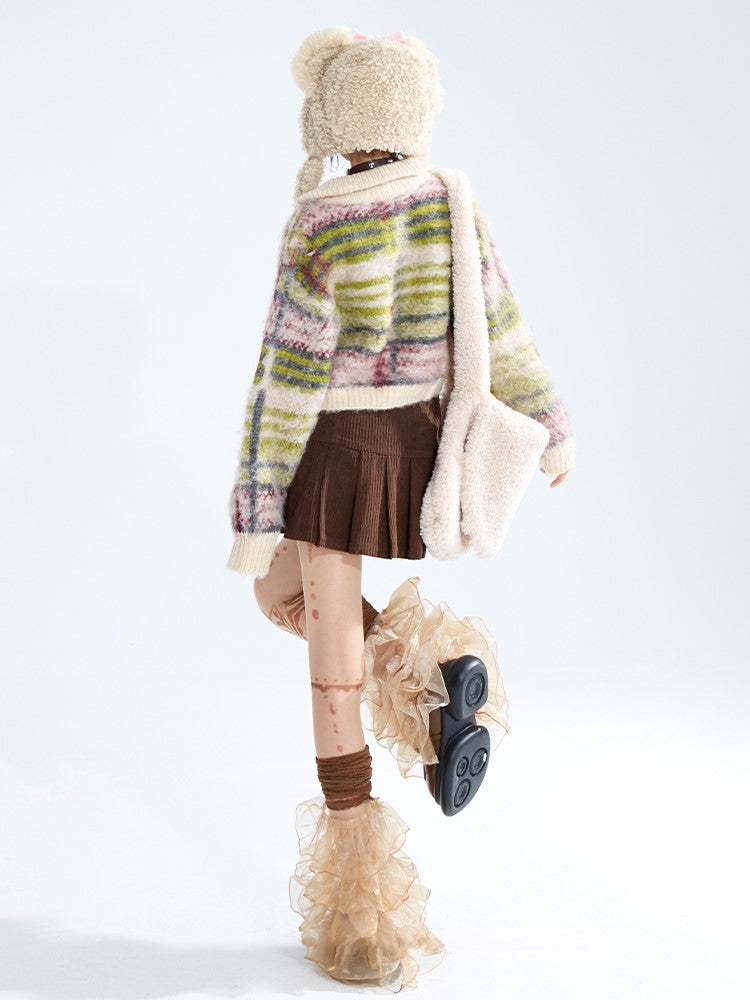 High Neck Cardigan Striped Green Closure Mohair Zip Crop Vintage with