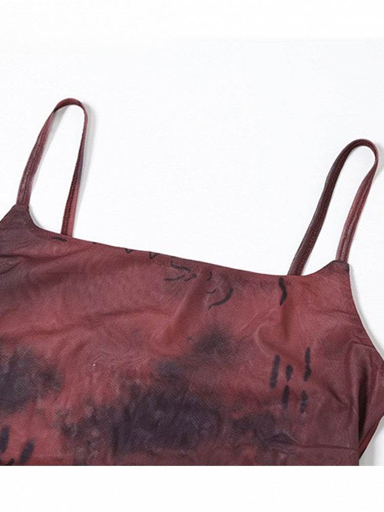 Wine Cascading Red Ruffle Hem Dye Tie Cami Design Top Asymmetrical Accents