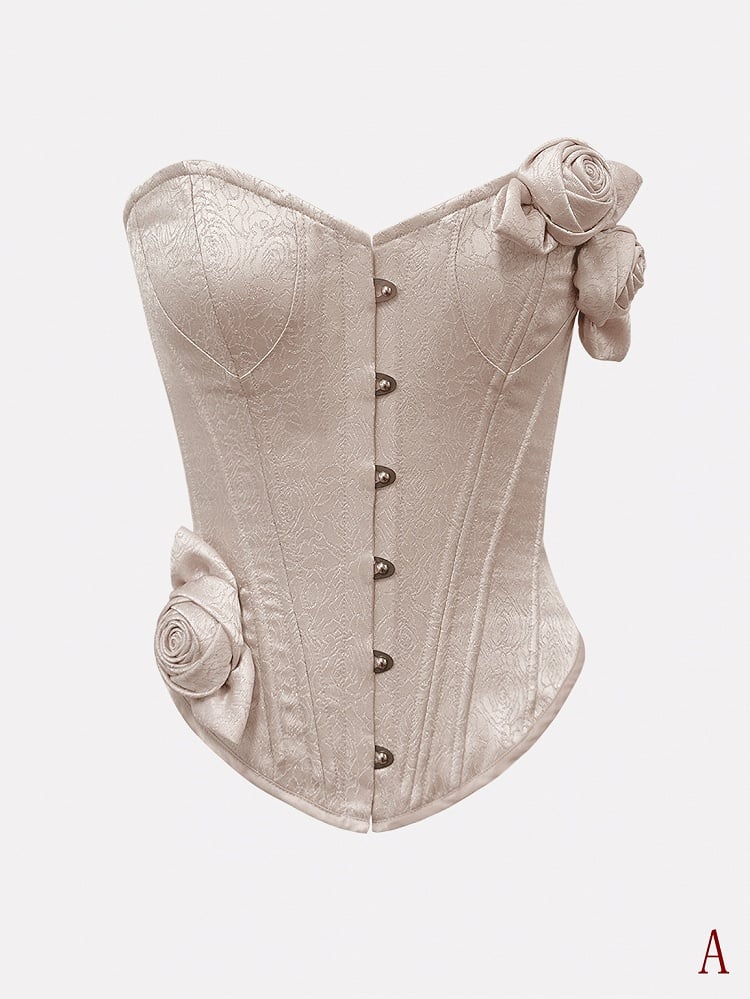 Nude Pink Vintage Bustier Flowers Satin Boned Corset Top