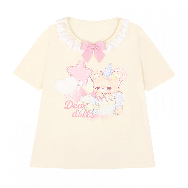 Ruffled Adorable Teddy Bear Print Bowknot Pink/Yellow Neckline Embellished T-Shirt