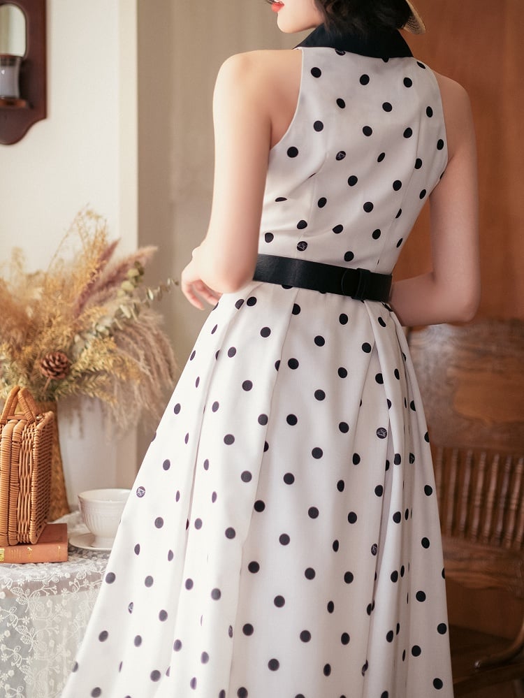 Pattern Fashion Dots Retro White Dress 1950s Collar Polka Blazer and Black