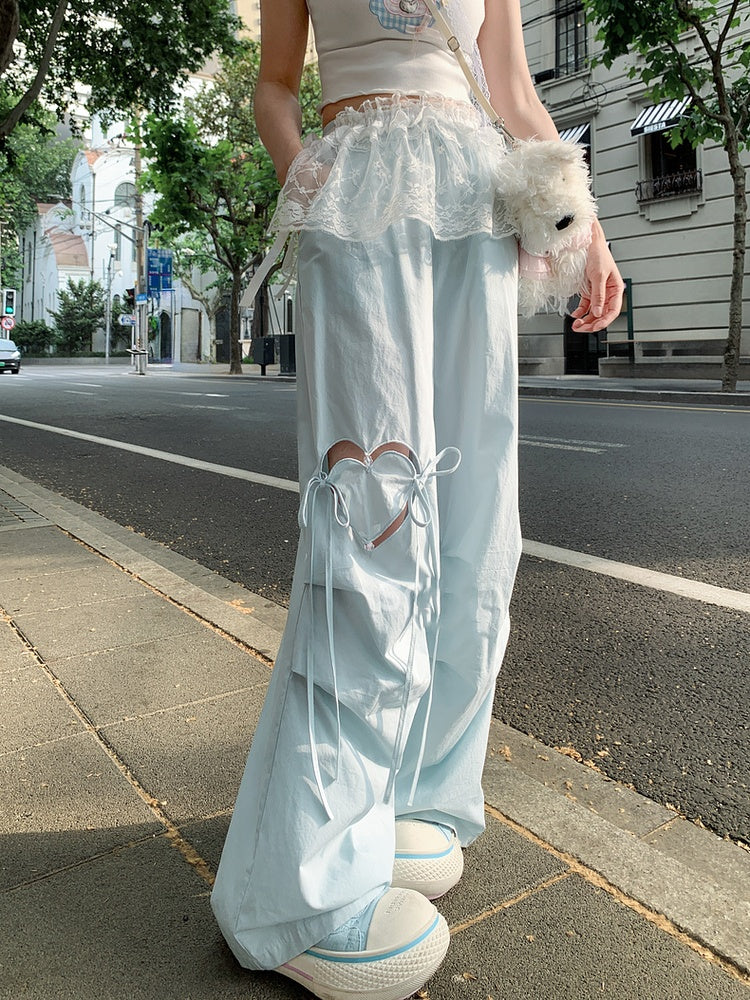 Blau/Rosa Hose mit weitem Bein und herzförmigem Ausschnitt und Kordelzug in der Taille
