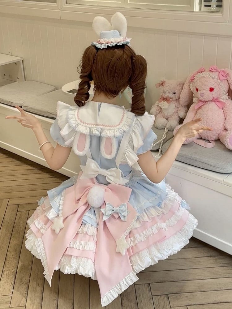 Lolita Blue Bunny Pink Maid and Puff Theme Sleeves Dress Sweet