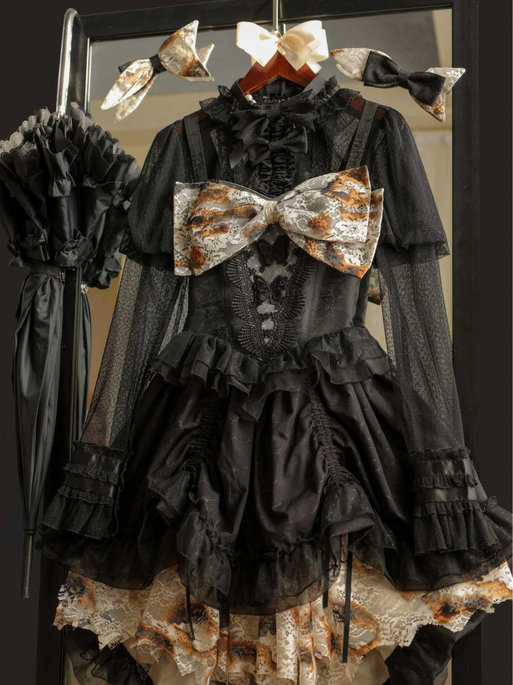 Schwarze transparente Bluse mit Rüschenausschnitt und Juliette-Ärmeln