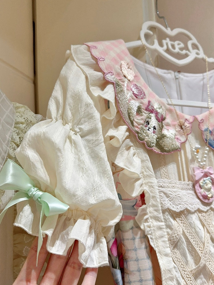 Bunny Embroidery Collar Cottagecore Patchwork Sweet Lolita Dress with Detachable Sleeves