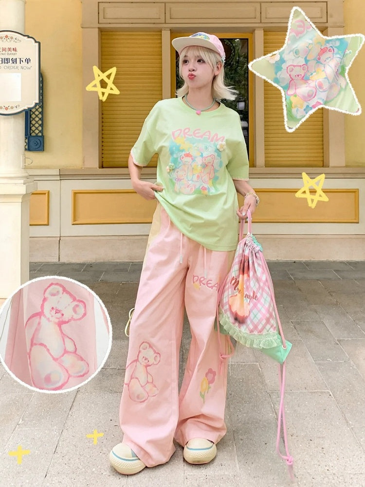 Akzente Grün Rundhals Teddybär Print Strick Lose T-shirt Floral