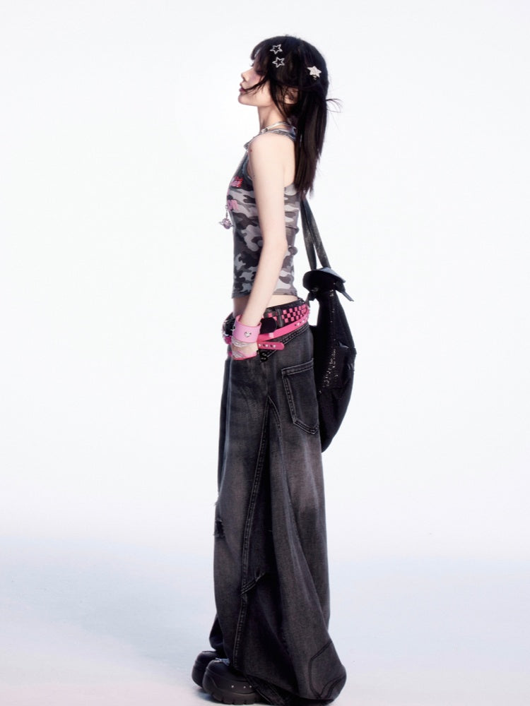 Vintage Waist Distressed Holes Black Low Wide-leg Jeans