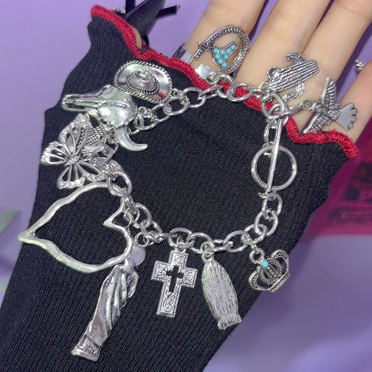 Bracelet Y2K Silver/Red And Butterfly Cross Heart Charm