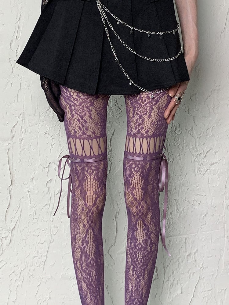 Cut-out Self-tie Coffee/Gray/Black/White/Purple/Blue Y2K Floral Pattern Design Tights Straps