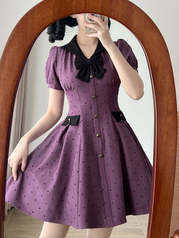 Pattern Black Purple Dress Small Retro Sleeves Puff Heart-shaped Fashion