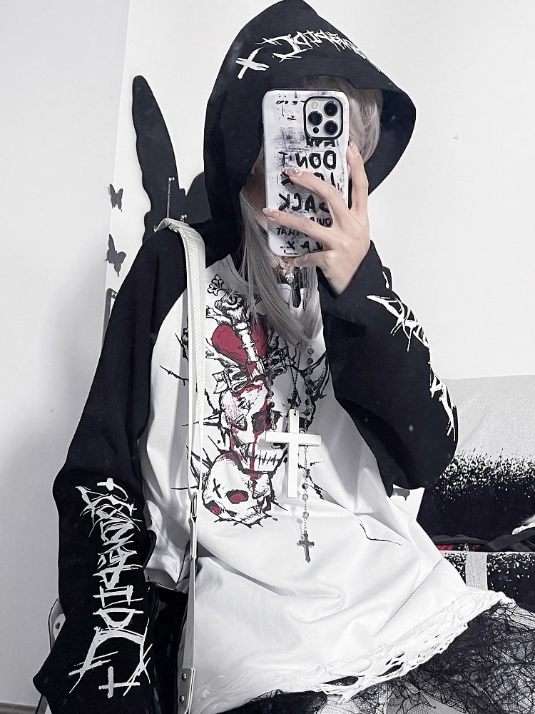And Letter Punk Hoodie Emo BlackWhite Print Skeleton