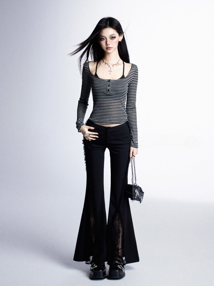 Round Neck Vintage Black and Grey Striped Pattern Top