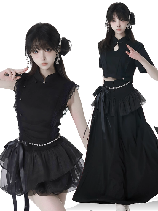 Beaded Skirt Chain with Black Cheongsam Style Banded Collar Mini Dress Bubble Waist