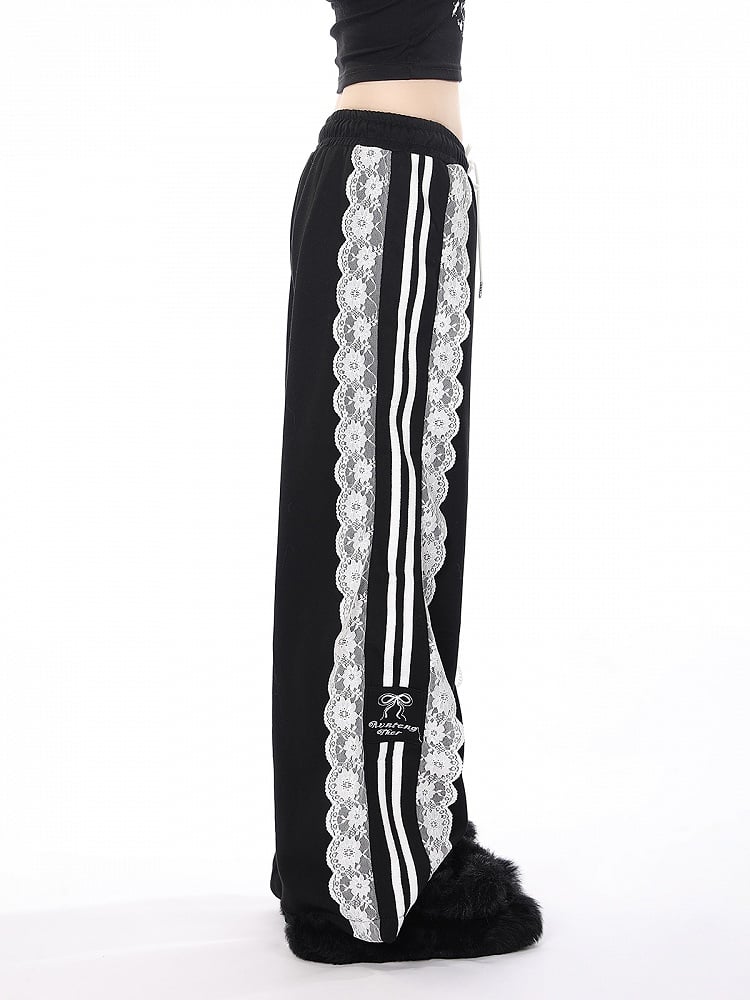 White/Black/Blue Wide-Leg Pants with Lace Trim and Bow Embroidery