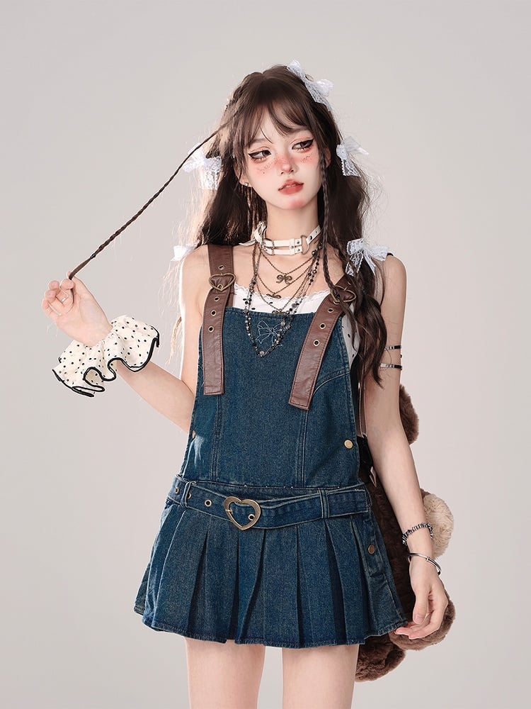 Pleat Skirt Bittersweet Blue Denim Overall Dress Box with Heart-Shaped Buckles