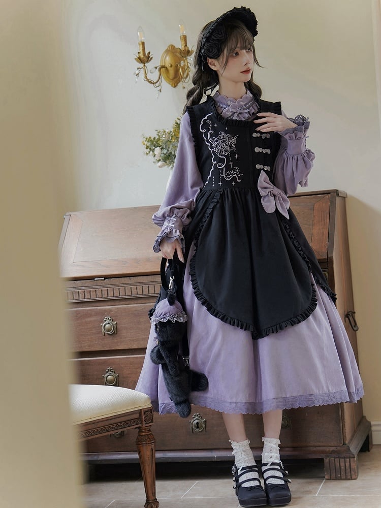 Lilafarbenes Han Lolita-Kleid mit gekreuztem Ausschnitt und Kordelzug