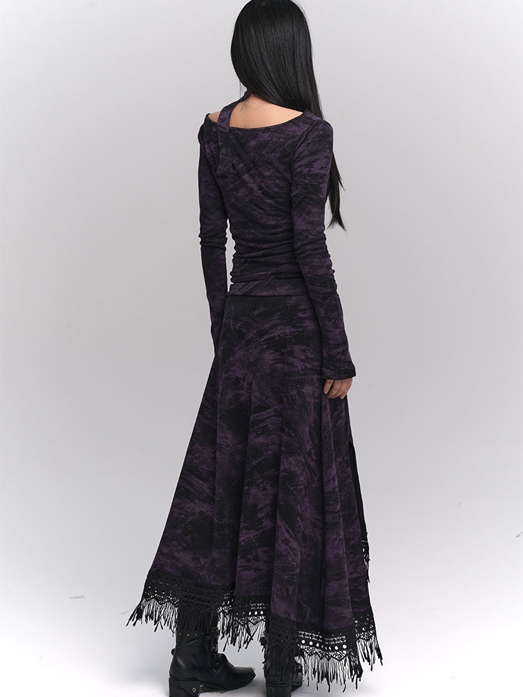 Wasteland Punk – Lilafarbenes, asymmetrisches Kleid mit Quastensaum und Seitenschlitz