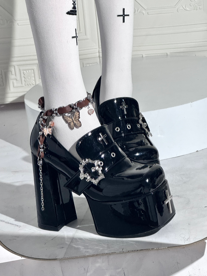 Heel High in Coffin Buckle Gothic with Black Shoes Polished Platform Block 11/13cm