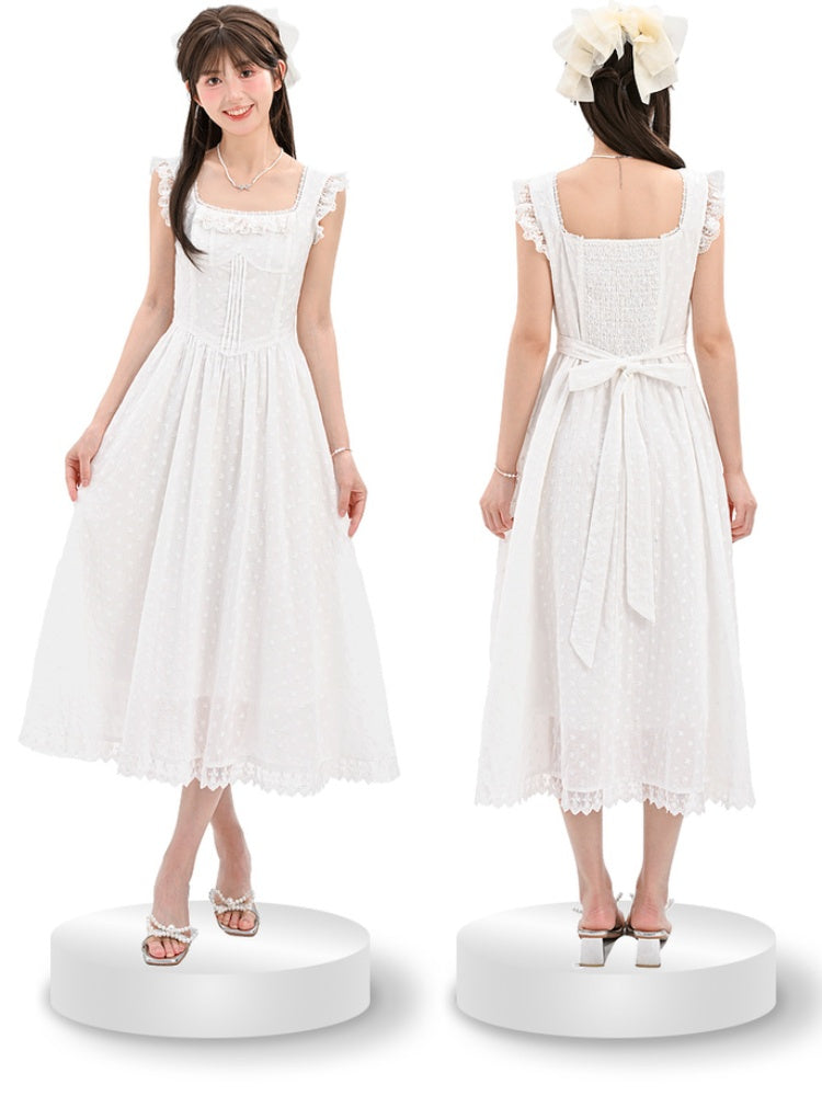 Elegant White Square Neck Flutter Sleeves Lace Sleeveless Self-tie Bow with Dress
