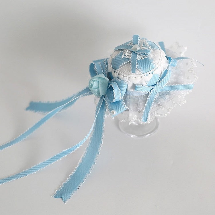 Weißblaues Design Schleife Blumenhut mit und Herz Süße Mini Lolita Clips Details