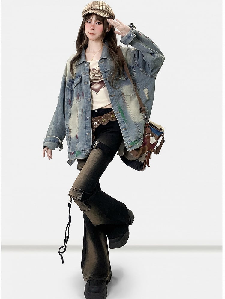 Design Jacket Holes Distressed Details Blue Print Light Denim