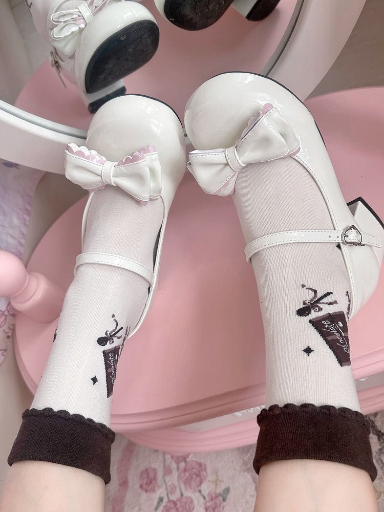 Socks Print Bowknot Lolita Calf White Details Chocolate