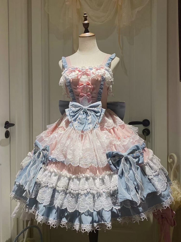 Sweet Lolita Details Bead Pink Detachable Princess Bows Blue and Dress