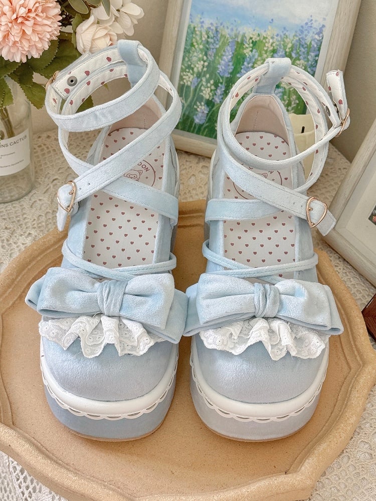 Mary Lace-Trimmed Velvet Bow Sweet Lolita Platform Blue Janes -