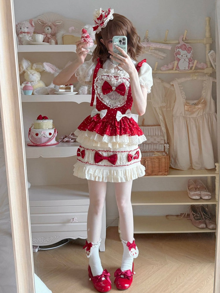 Polka Cami Sleeves Sweet Puff Bow + Accents Skirt Lolita Set Top Cropped Dots Red - Full
