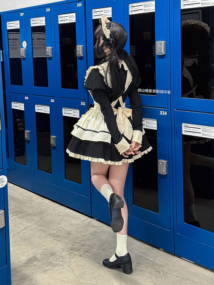 Abnehmbare kurze Lolita-Schürze KC + Kleid-Dienstmädchen-Ärmel Schwarz