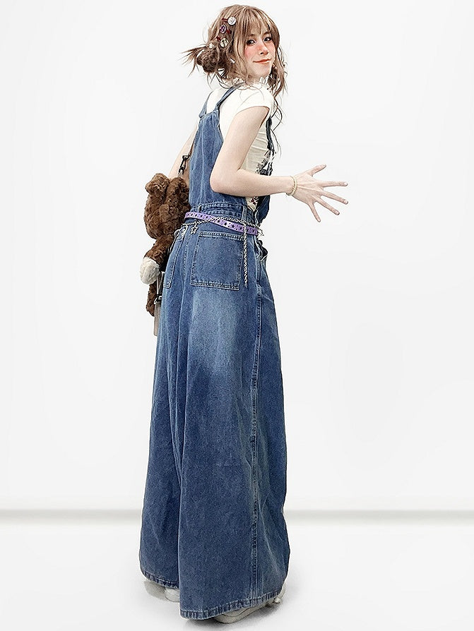 ジーンズカットブルーY2Kワイドレッグビタースイートオーバーオール
