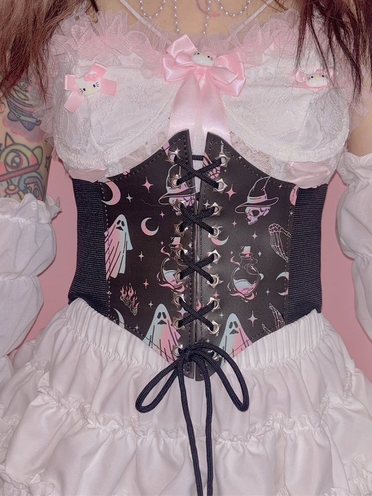 And Waist Gyaru Fashion Moon Y2K Skeleton Black Lace-up PU Print Star Ghost Belt Details