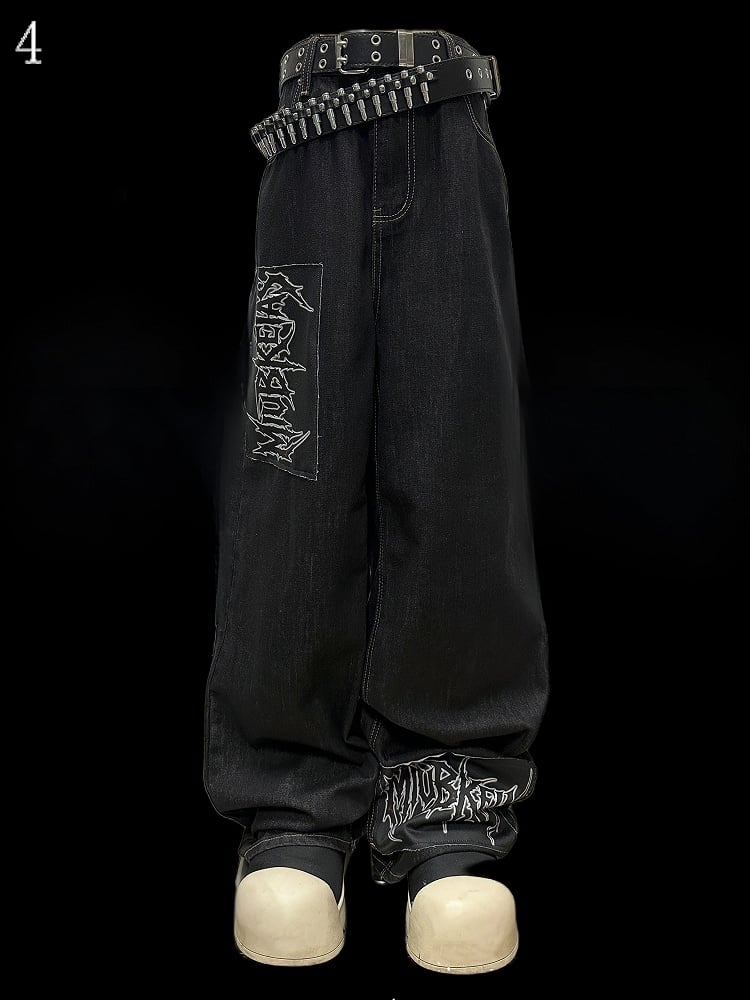 Dark Cut Applique Letter Jeans Blue Straight-leg