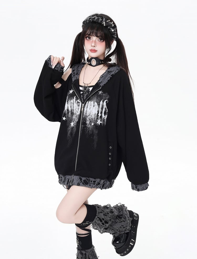 Zip-up Hooded Jacket with Distressed Holes and Cutout Shoulder White/Black