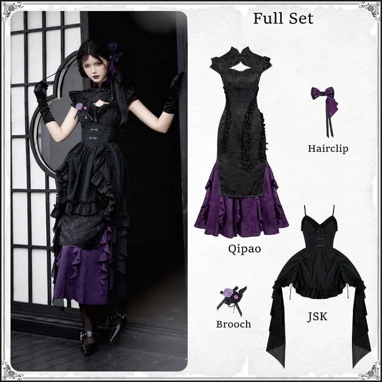 Full Jacquard Hem Qi Ruffle Set Black Qipao Cthulhu Lolita Dress Vibes Purple Trim Cascading
