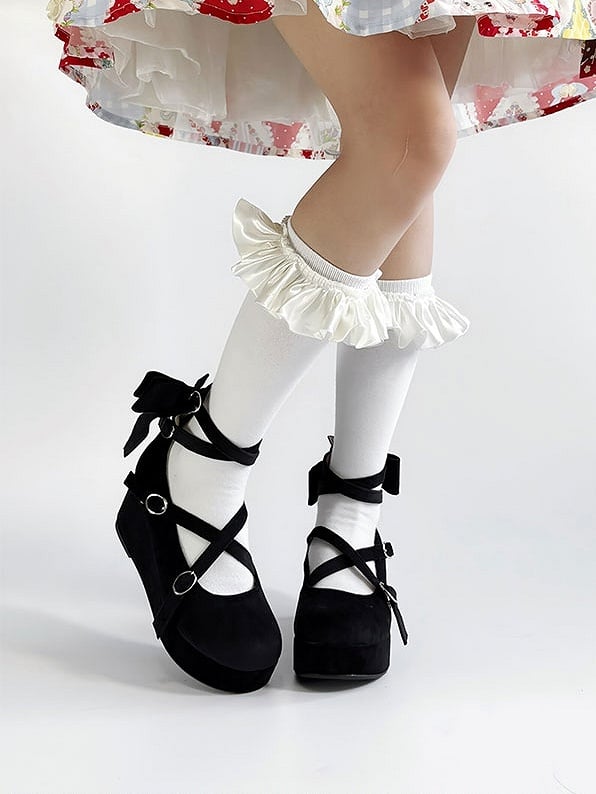 PU - Round Design Black Sweet Bow Wedge Crisscross Platforms Toe Accent
