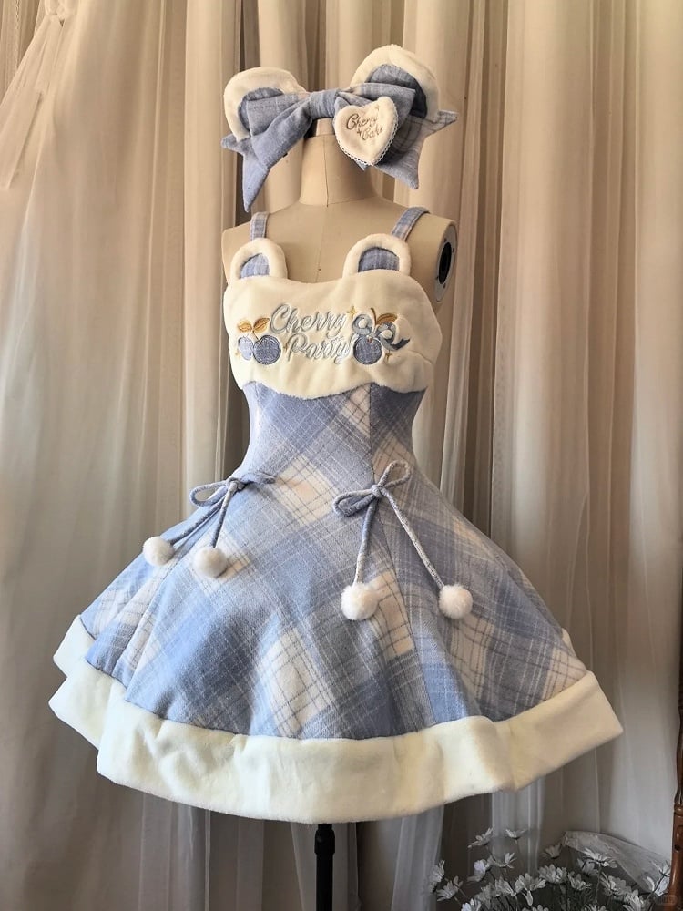 for Sweet Plaid Dress Lolita Autumn and Pom-Poms Embroidered Winter Cherry Blue with