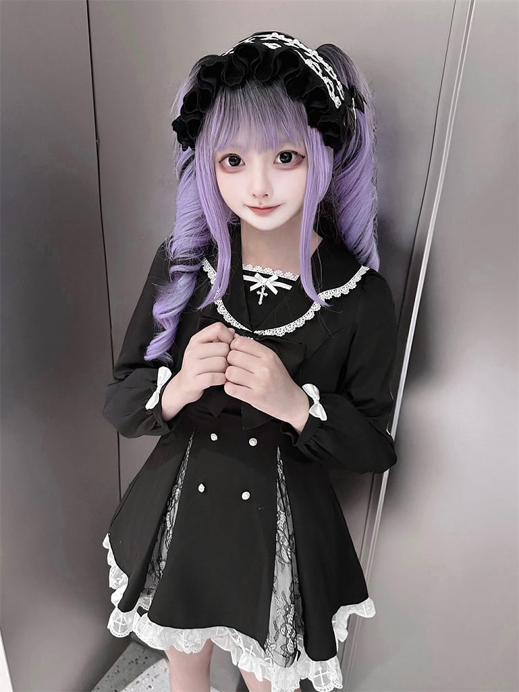High Mini Coord with Dress Slit Matching Kei Black Set: Jirai Lace-Paneled Edgy Shorts