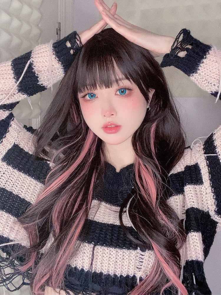 Pink Black Wig And Wavy Length Air 65CM Highlight With Bangs