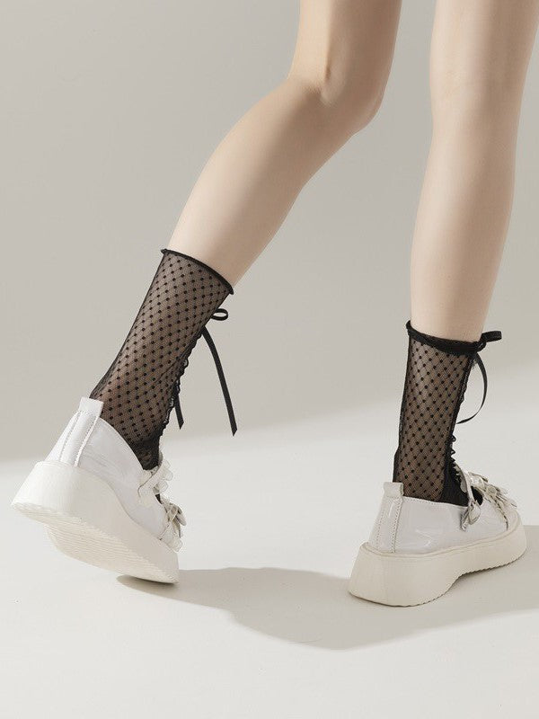 Bowknot Calf Socks With Black/White Trim Details Lace Semi-sheer Polka-dot Pattern