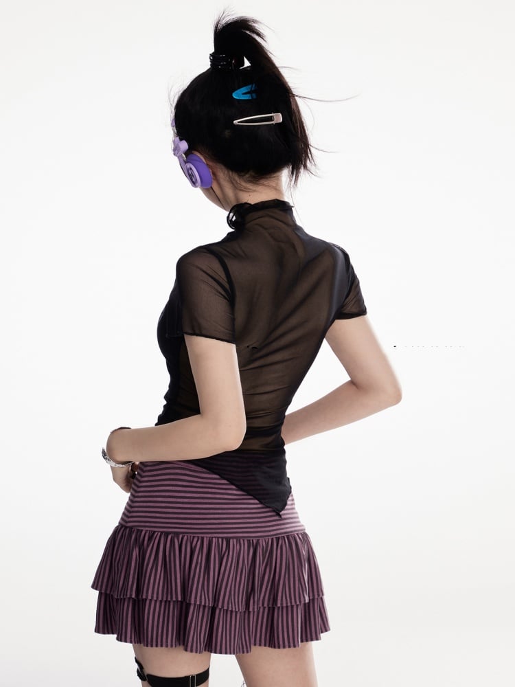 T-shirt Black Mock Neck Mesh Y2K Cute Bunny Print Curved Hem