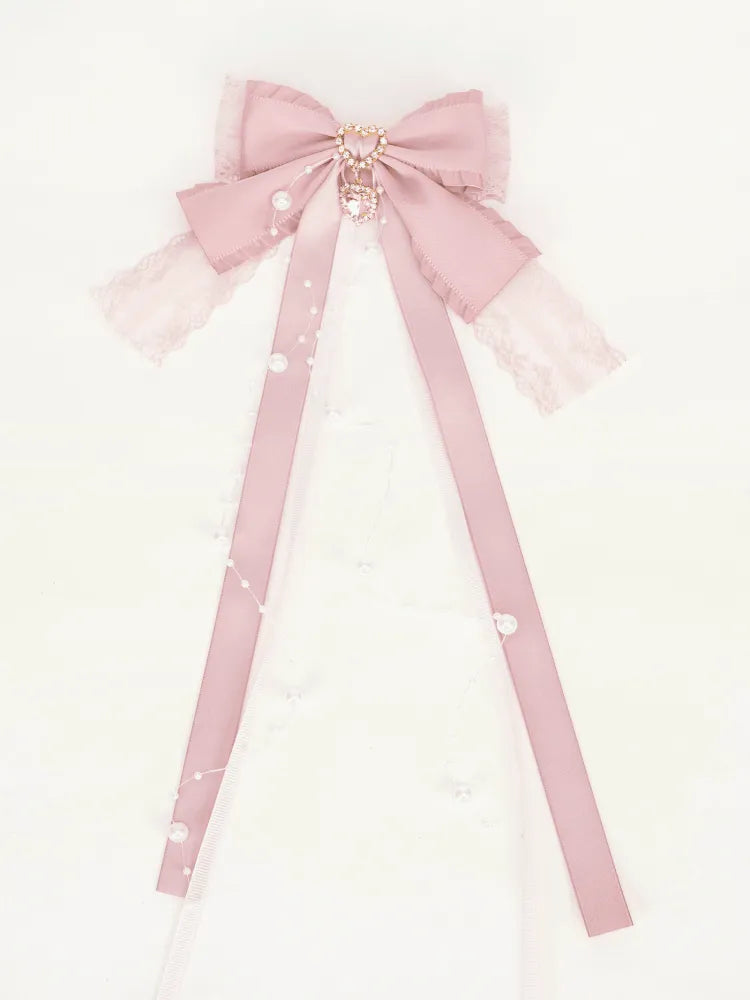 Rhinestones Details Clearance-Bead Heart Hairclip Pink Bowknot