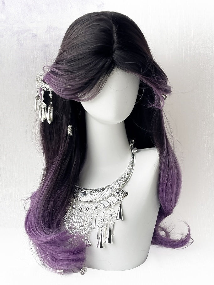 Black-purple Ombre Long Wavy Synthetic Wig With Curtain Bangs