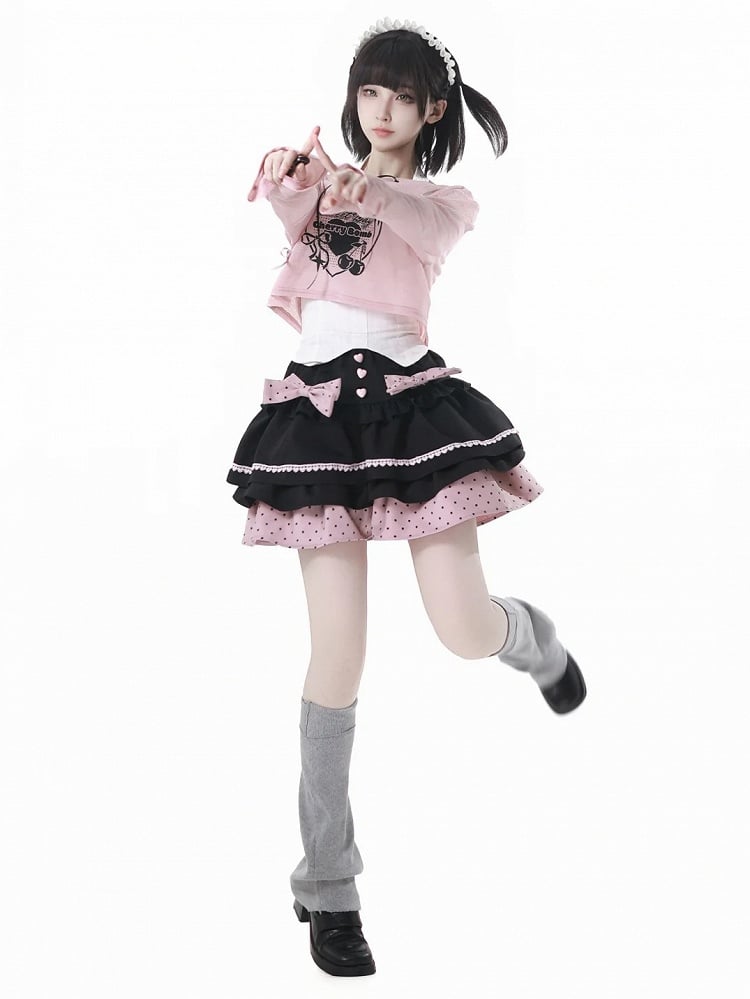 Tiered Skirt with Detachable Bows Black and Pink Polka-dot Pattern